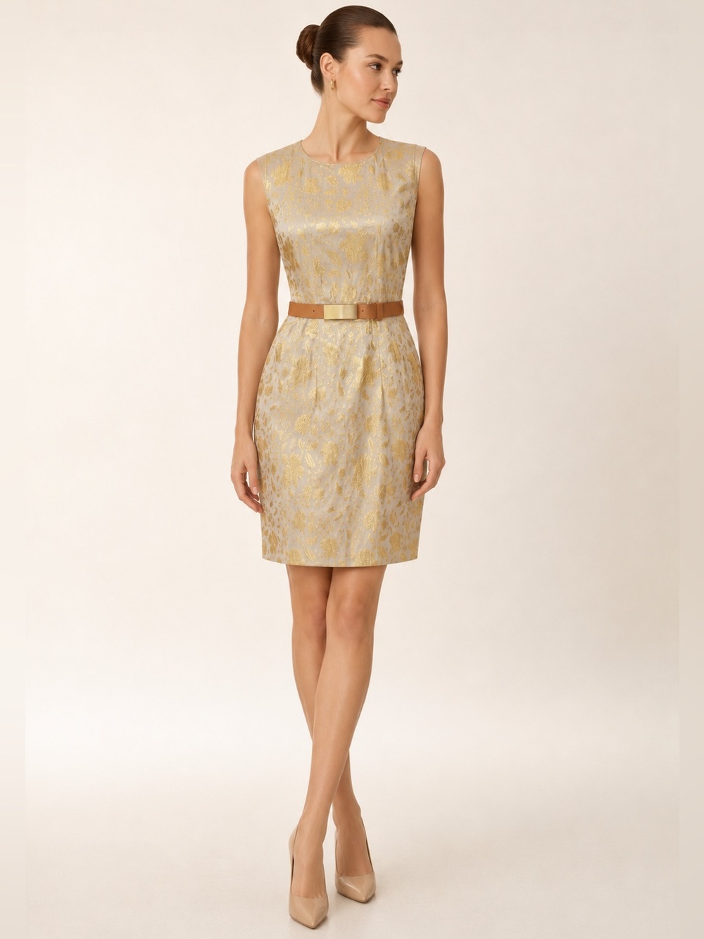 Andrew Marc Gold Brocade Cocktail Dress Belted Open Back Champagne Jacquard Sz 6